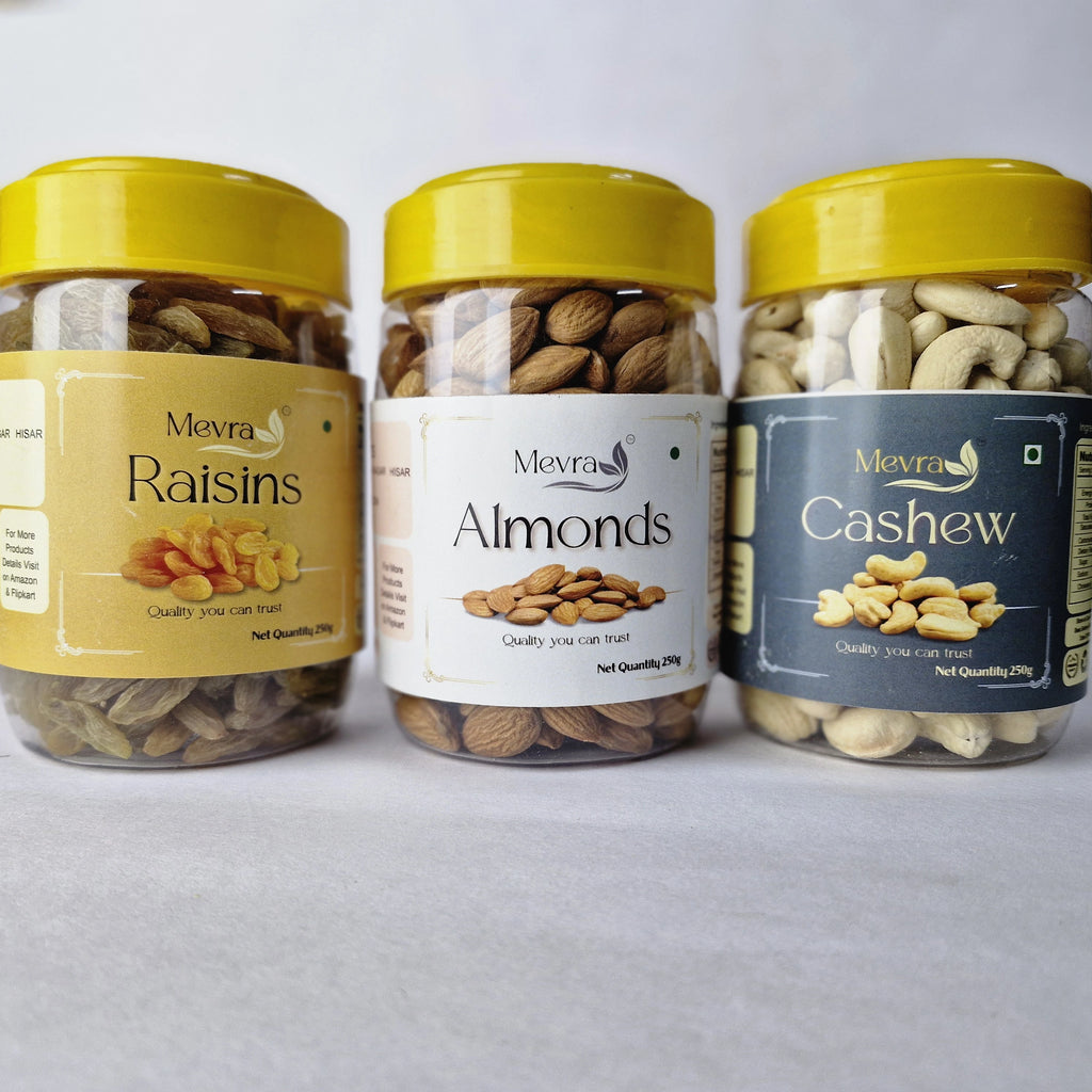 Mevra Premium Dry Fruits Combo 750g | Almonds 250g + Cashews 250g + Raisins 250g | Healthy & Natural